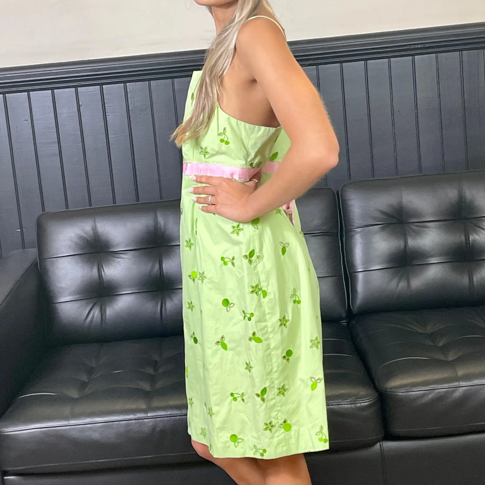 90s Vintage LILLY PULITZER Green Pink Eyelet Bow Back Dress - Image 5