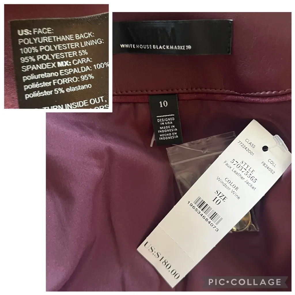 WHBM Jacket NWT Faux Leather Double Breasted Windsor Wine Chic Glam Vegan Crop M - Image 17