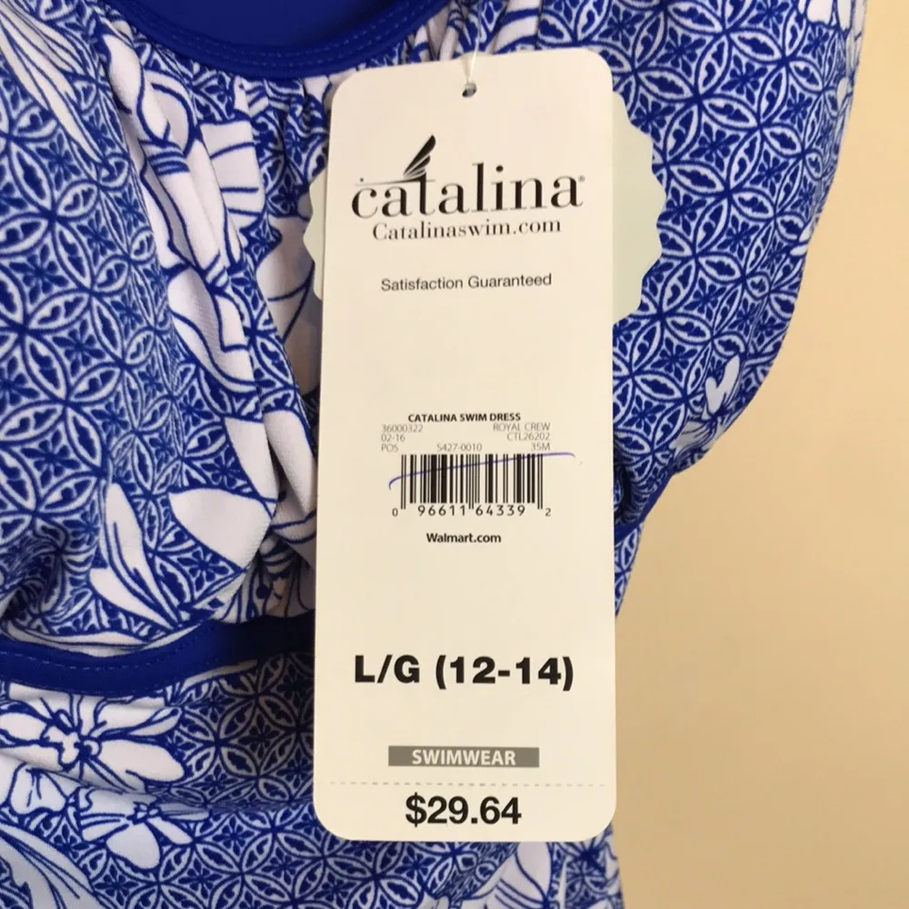 NWT Catalina Women’s Floral Print Blue White Lined Suit Swim Tank Dress - Image 11