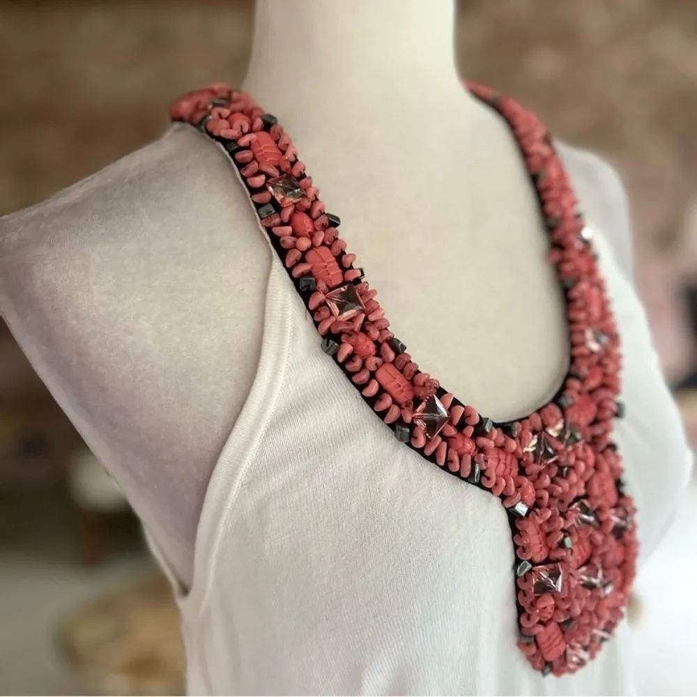 Cache Sweater Beaded Collar Halter Knit Tank Top Ivory L Cocktail Glam Y2K Boho - Image 13