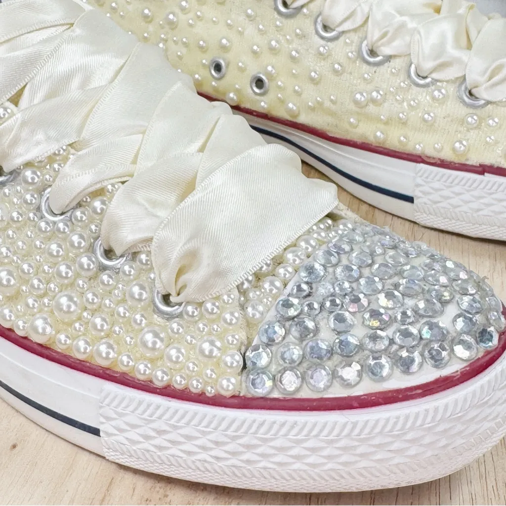 Converse Chuck Taylor Pearls Rhinestone Low Top Sneakers Ivory 7.5 Wedding Bride - Image 7