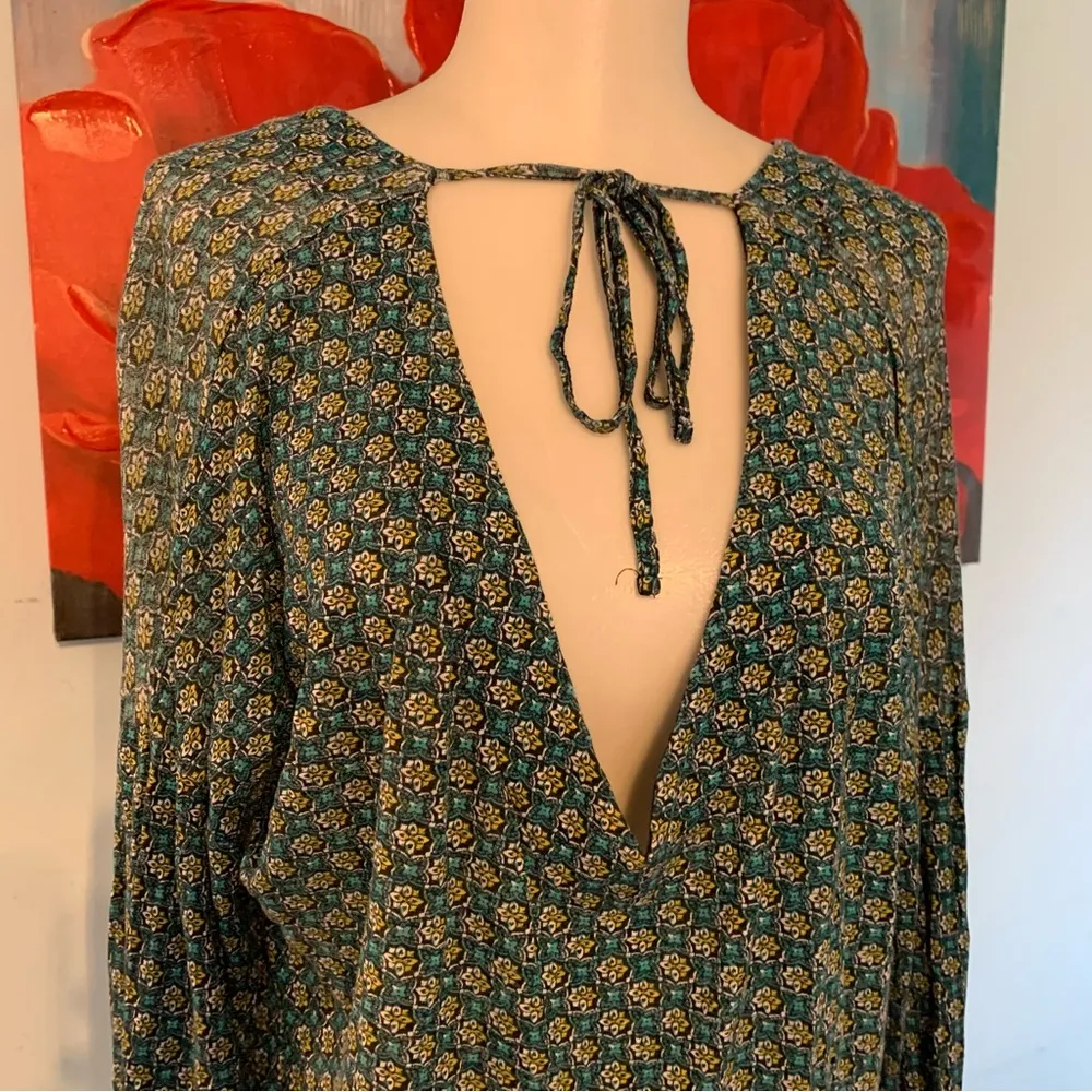 Lucky Brand ‘Live In Love’ Women’s Blouse Blue Long Sleeve V Neck With Tie  Sz L - Image 2