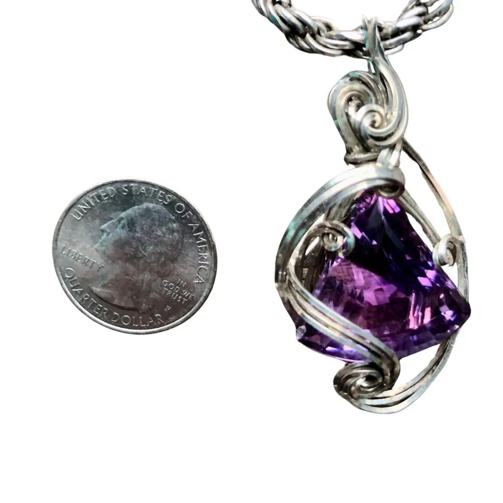 Artisan Wire Wrapped Sterling Silver Amethyst Medallion Pendant Custom Made Purple - Image 2