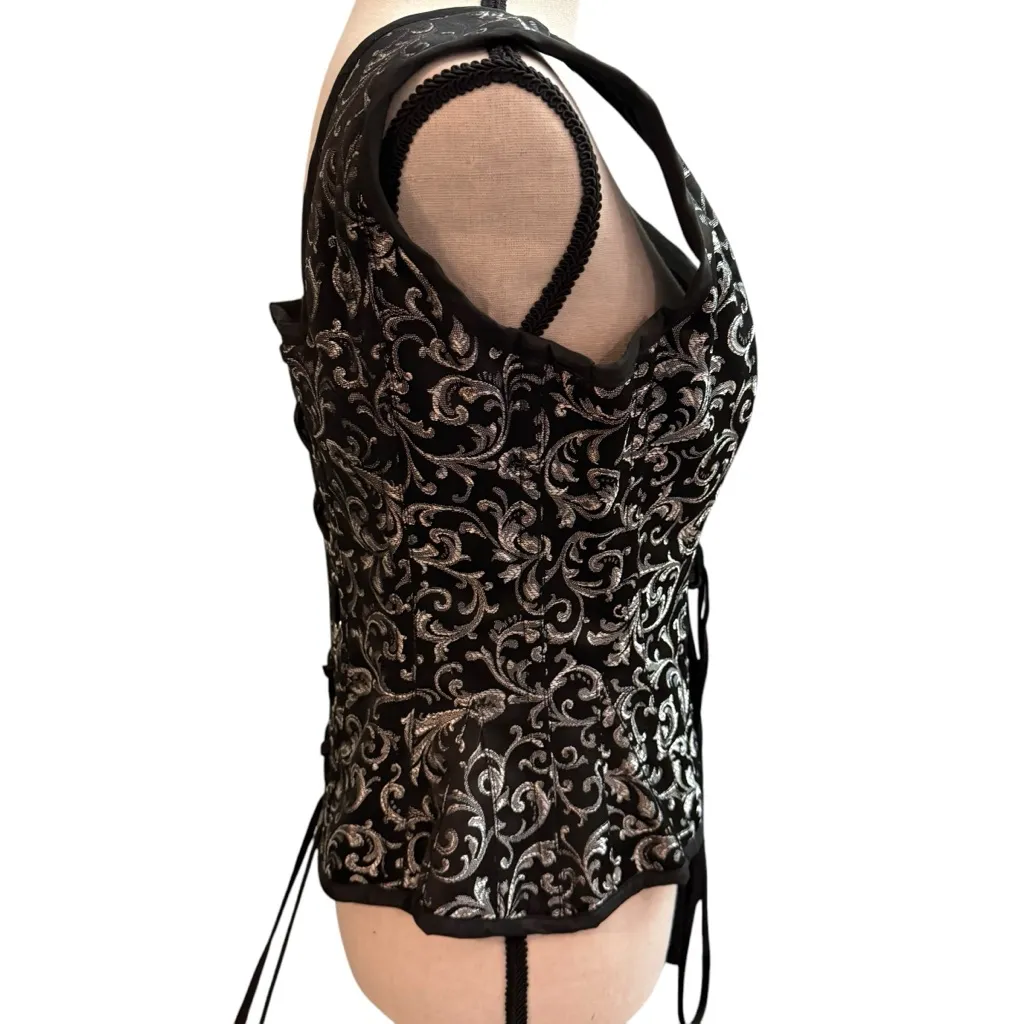 Steel boned Corset Queens sz 30 lace up side zip Black Silver Brocade slimming - Image 10