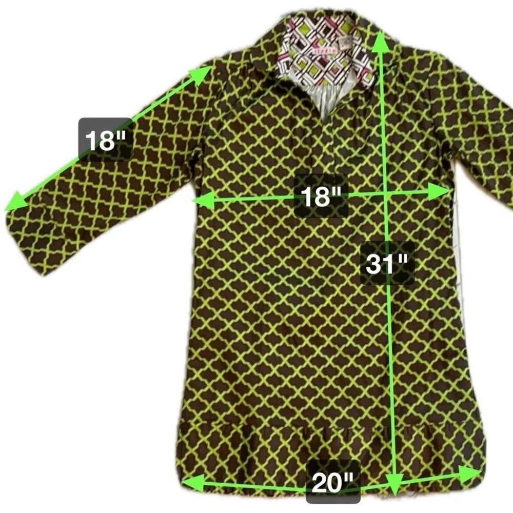Tizzie Cotton Brown & Lime Green Geometric Tunic Top Contrast Cuffs Size XS - Image 5