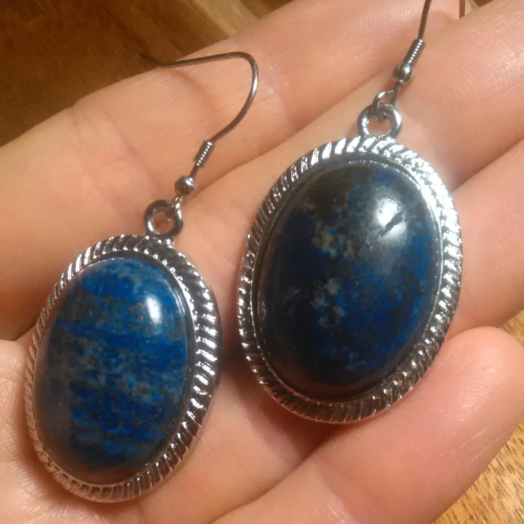 Lapis Lazuli Silvertone Dangle Earrings - Image 3