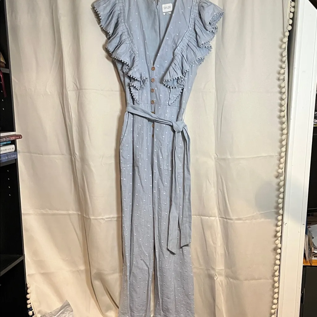 SAYLOR Baby Blue Pale Blue Swiss Dot Ruffle Button Jumpsuit Size Medium - Image 3