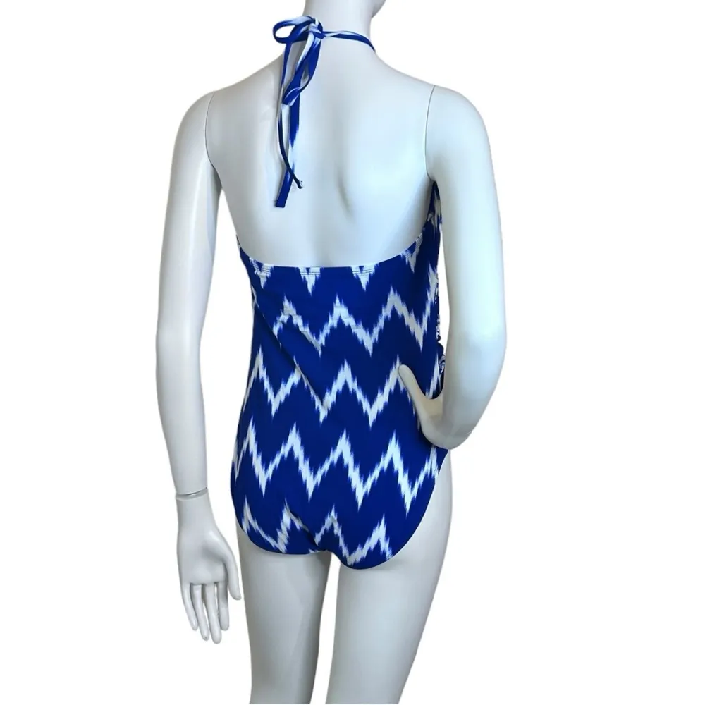 La Blanca Women’s Blue & White Ikat Halter Neck One-Piece Swimsuit Beach Pool - Image 3
