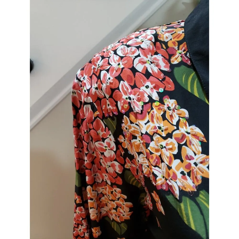 Bob Mackie Women's Black Floral Silk Collared Long Sleeve Button Down Shirt XL - Image 6
