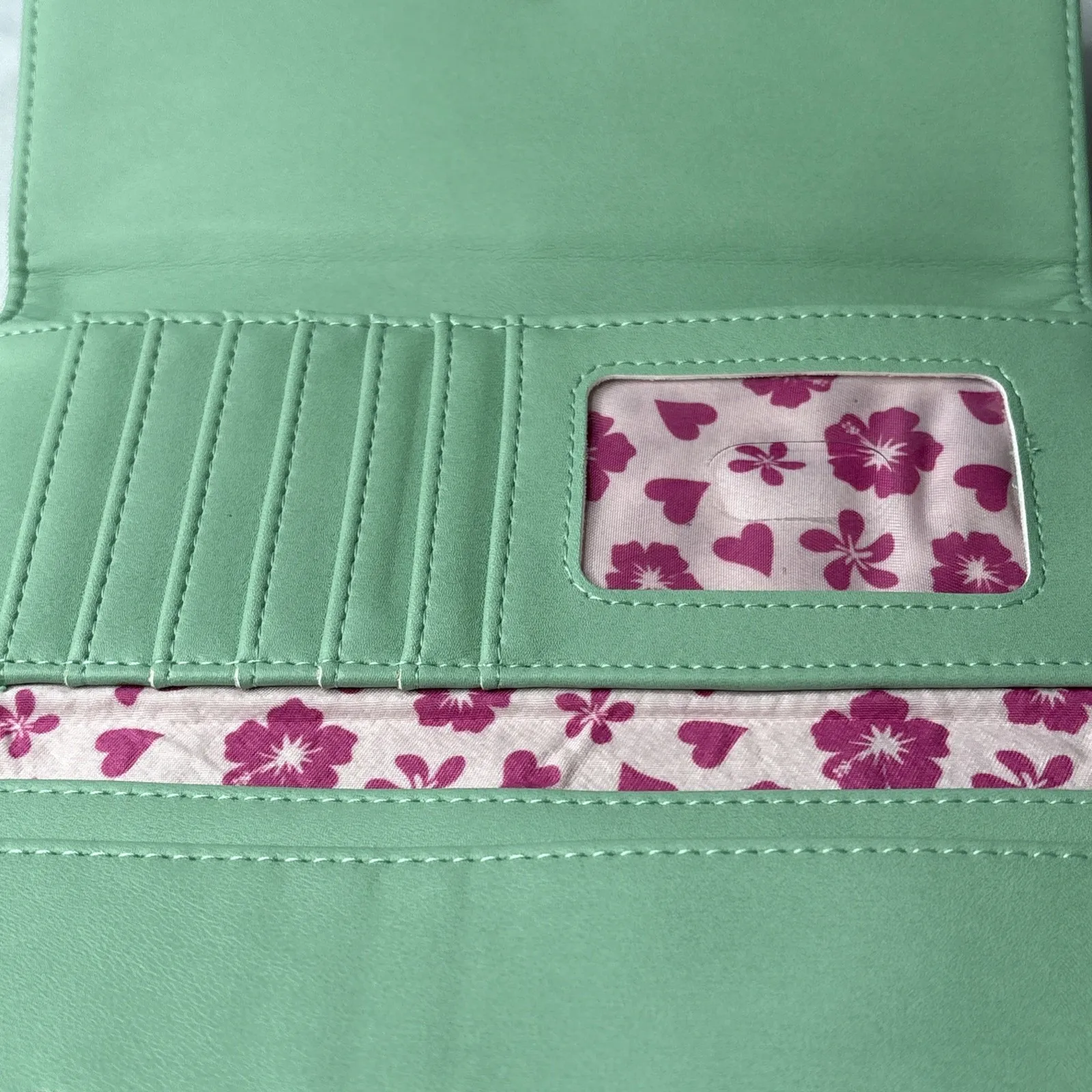 Disney‎ Loungefly Stitch & Angel Long Wallet Floral Mint Green Snap Closure - Image 9