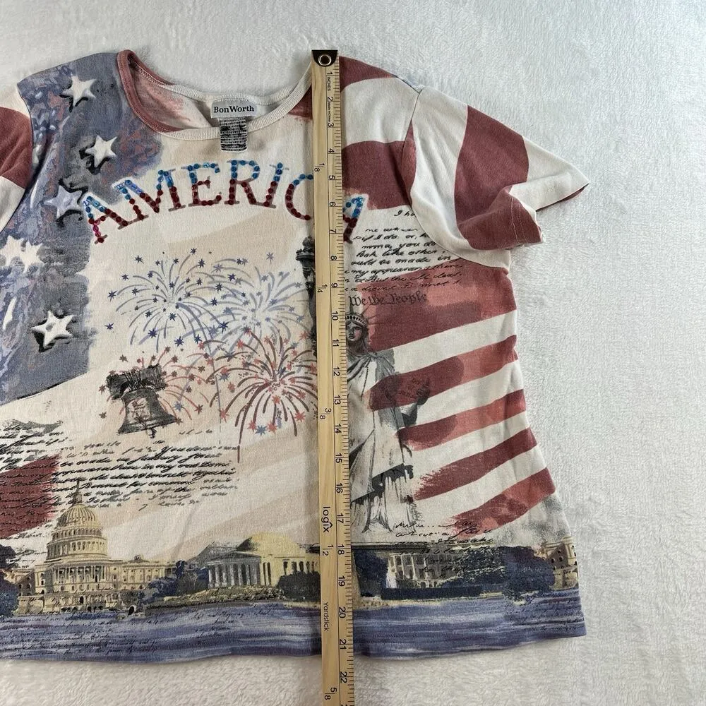 Y2K Vtg XL Tee Shirt Patriotic Freedom Country Flag Sequin Graphic Grunge Punk - Image 8