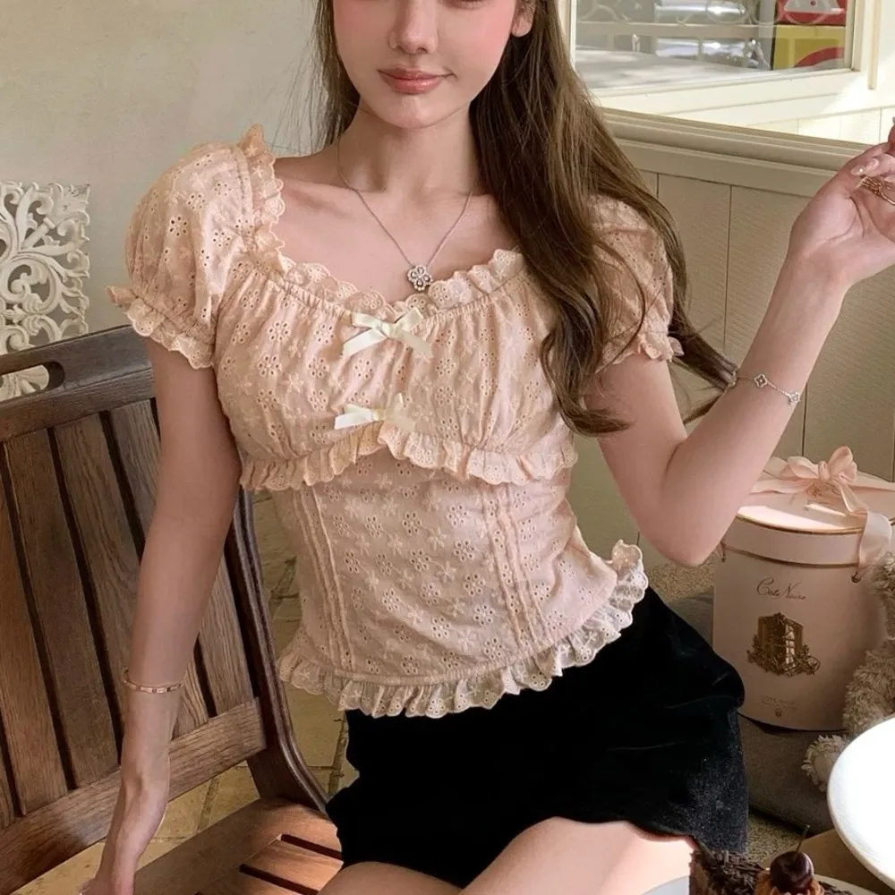 Japanese Kawaii Cottage Peach Pink Eyelet Ruffle Bow Ribbon Blouse Shirt Top Size XS - Image 3