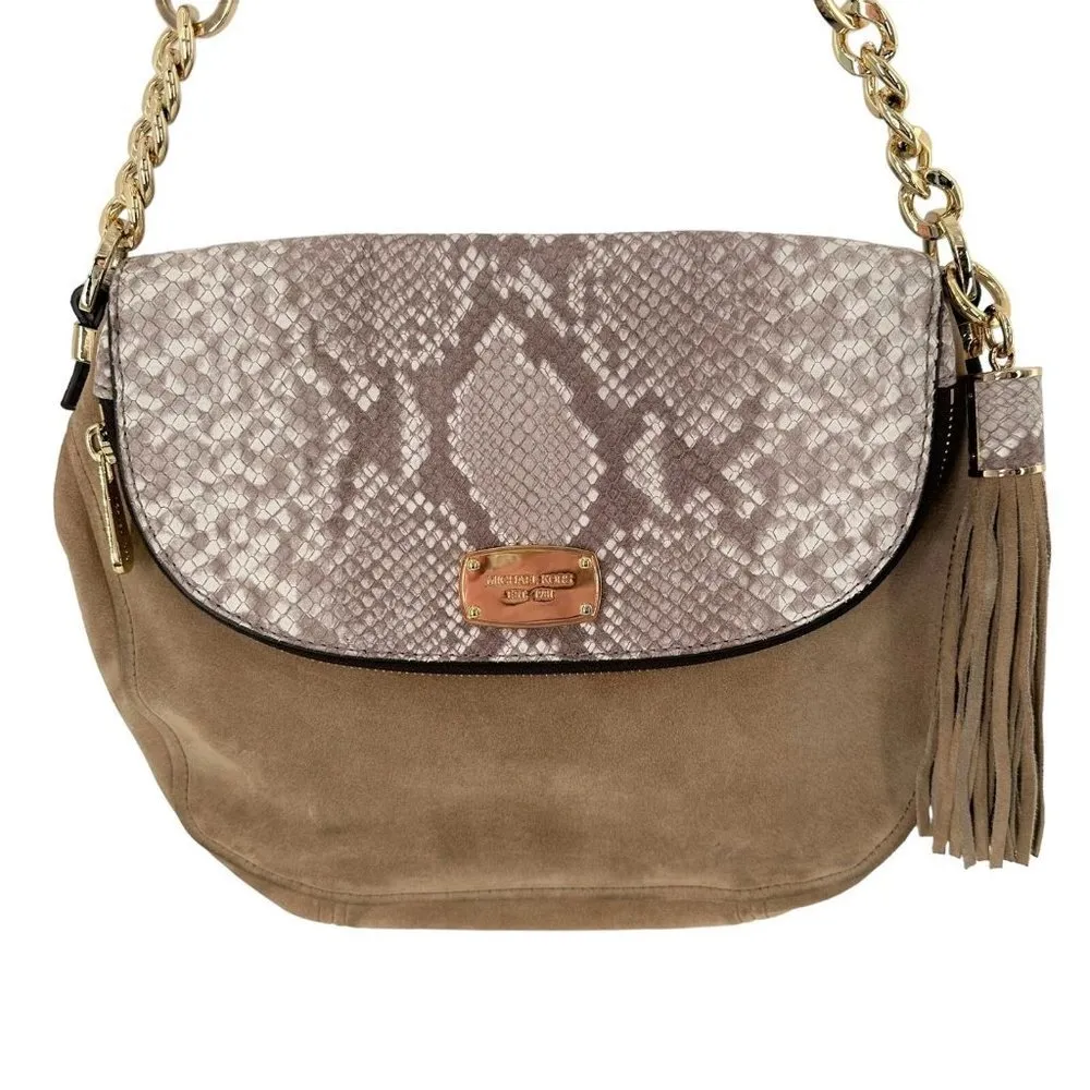 MICHAEL KORS Bedford Dark Sand Suede & Python Embossed Leather Shoulder Bag - Image 2