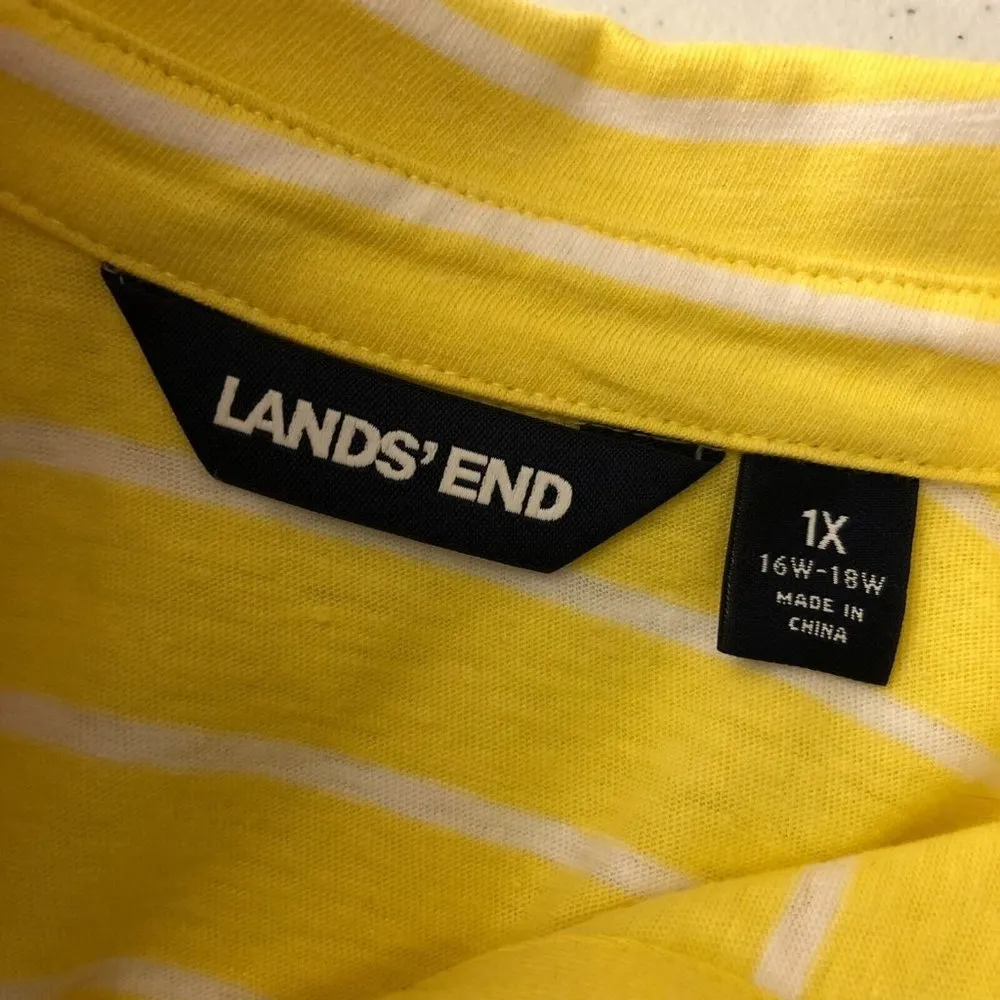 Lands End Womens Polo Shirt Linen Cotton Blend Knit Striped Yellow White 1X - Image 3