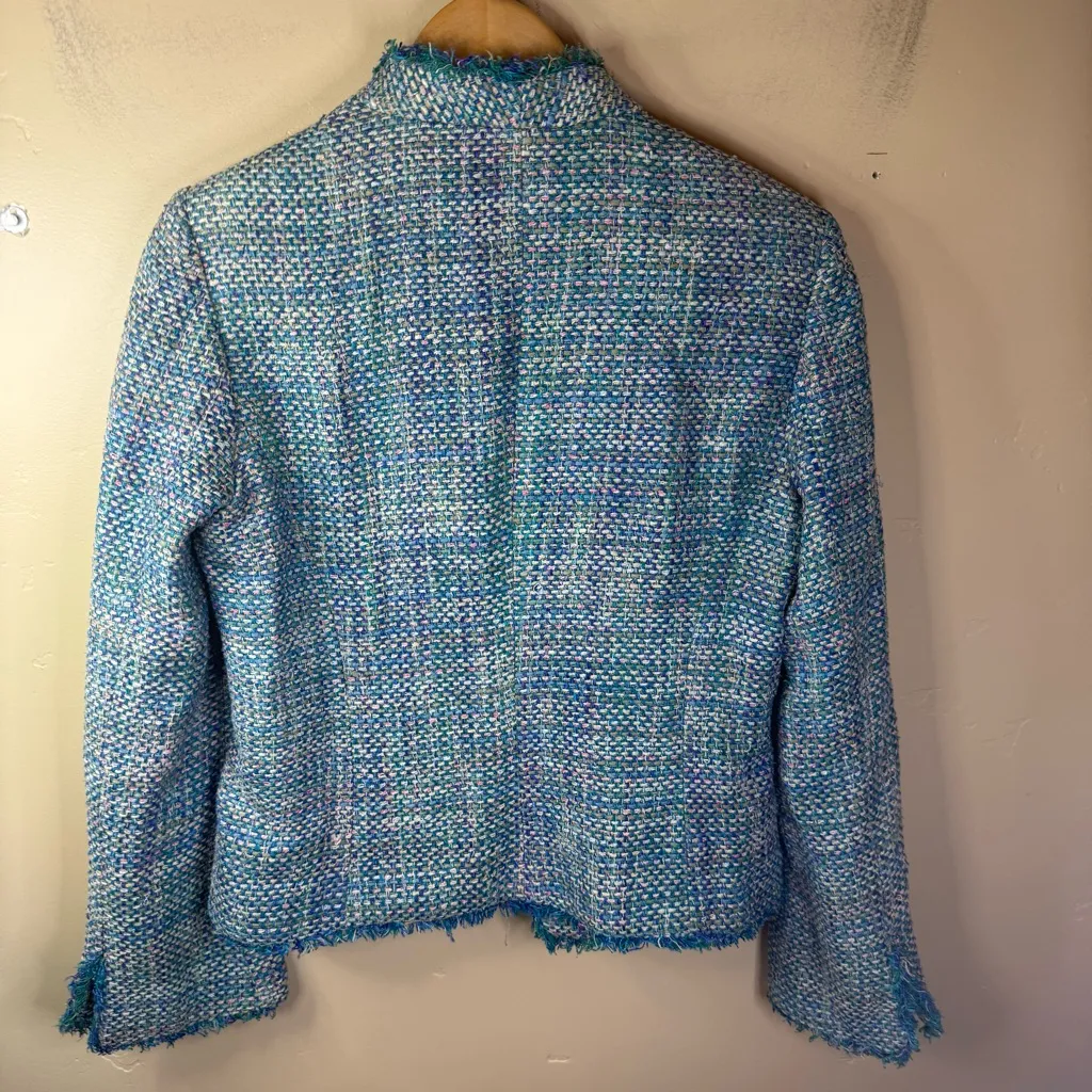 Revue Boucle Fringed Silk Tweed Womens Blazer Preppy Size 6 Turquoise Office Y2K Blue - Image 7