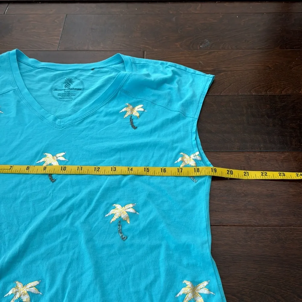 Tommy Bahama Turquoise top with palm trees embellishment - Image 4