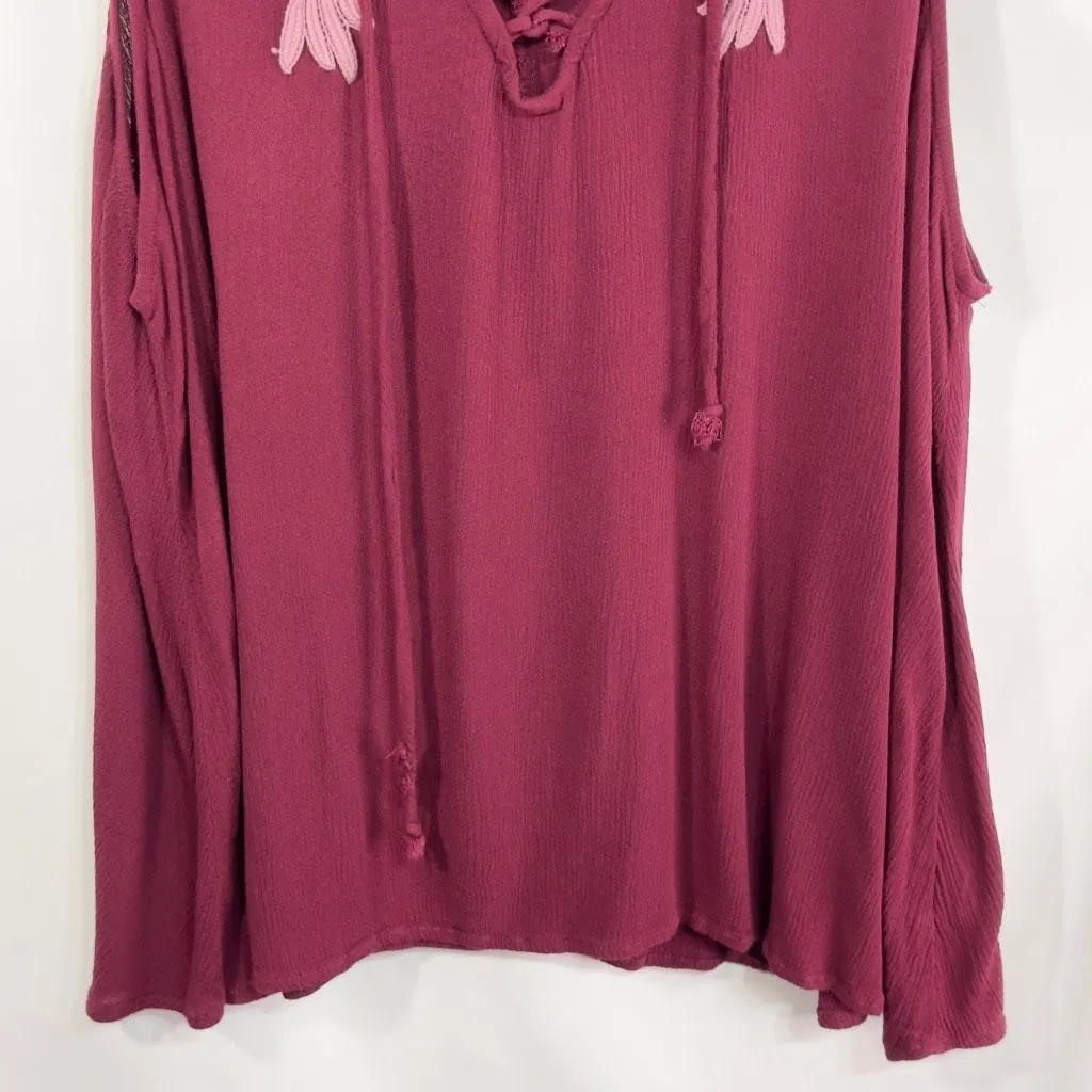 HIP Plus Size 2X Tank‎ Top Burgundy Gauzy Lace Up Embroidered Flowy Boho 1537 Purple - Image 4