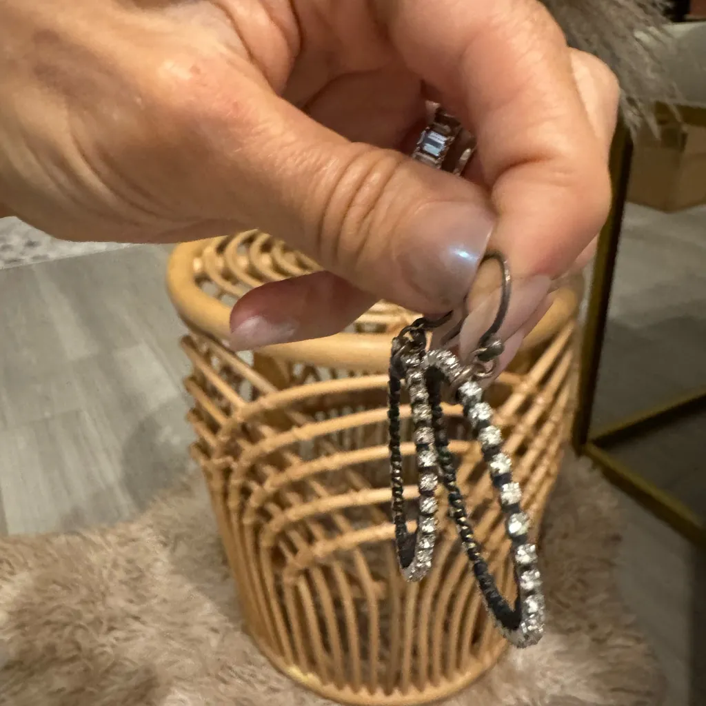 Saks Fifth Avenue Black and Silver Diamond Dangle Hoop Earrings - Image 11