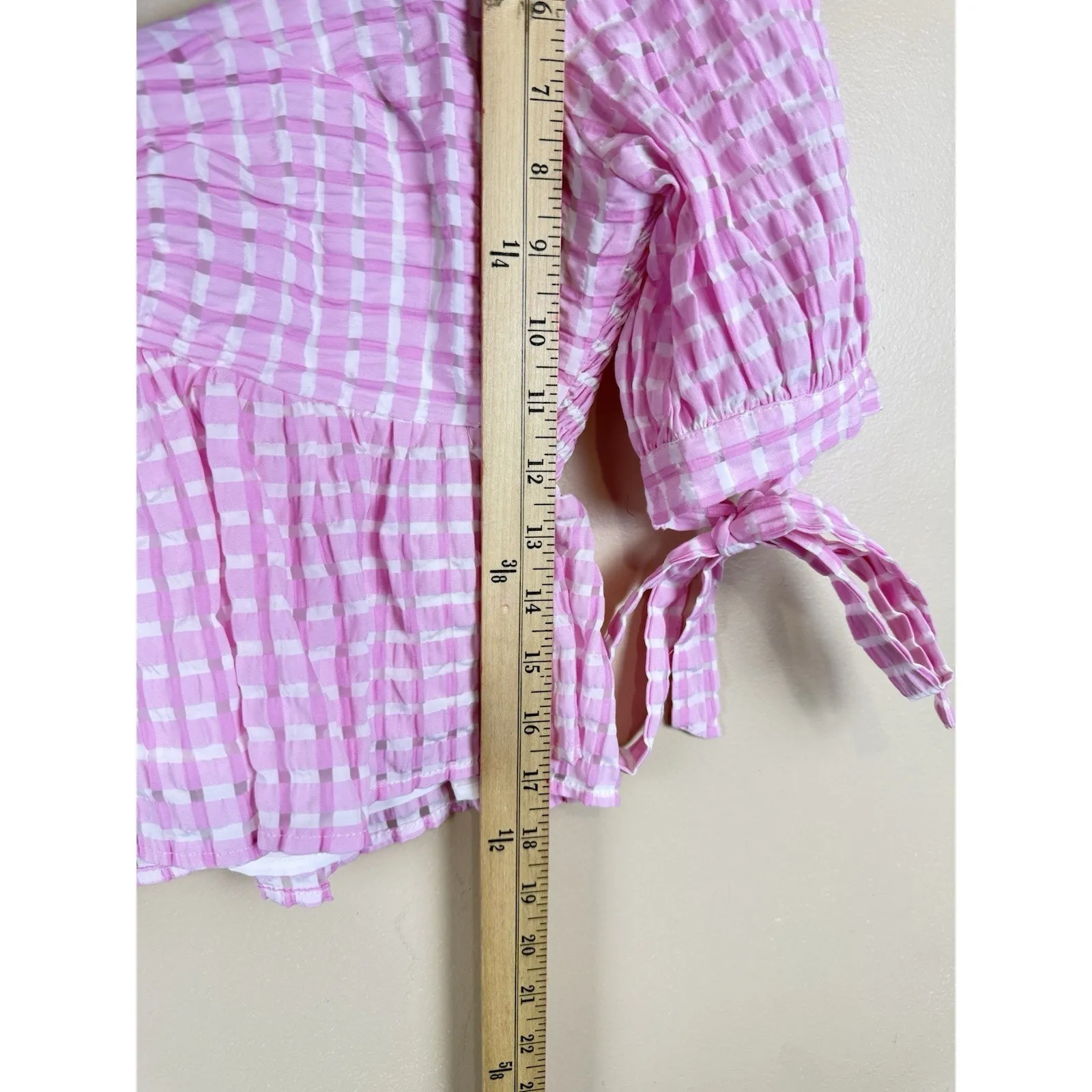 Altar’d State Pink & White Vichy Crop Top with Sweetheart Neck & Puff Sleeves M - Image 7