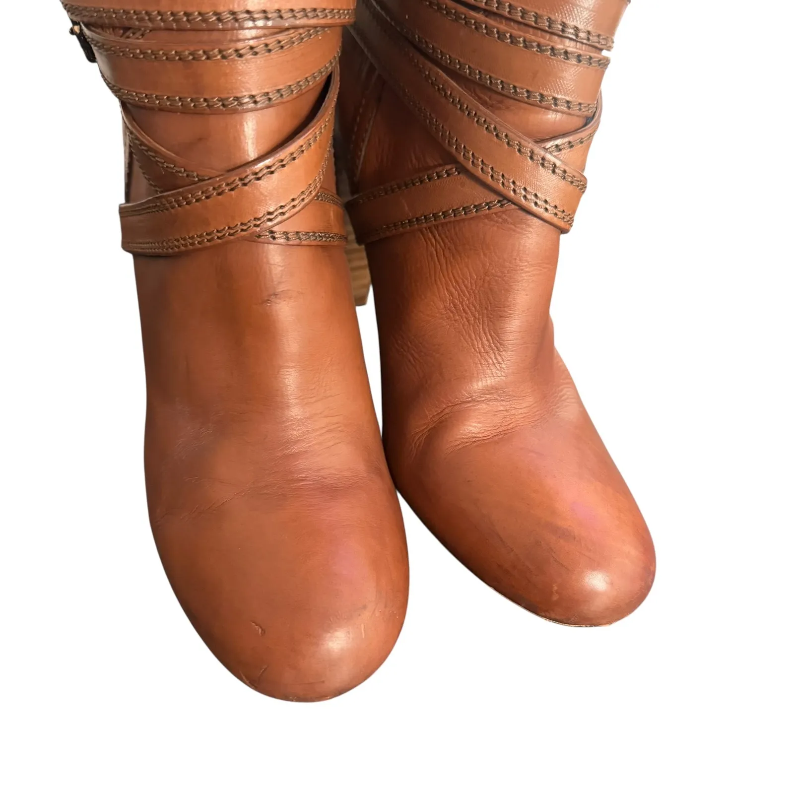 NAVYBOOT Eva Turner Brown Leather High Heel Boots Perforated Cutout Straps Sz 37 - Image 4