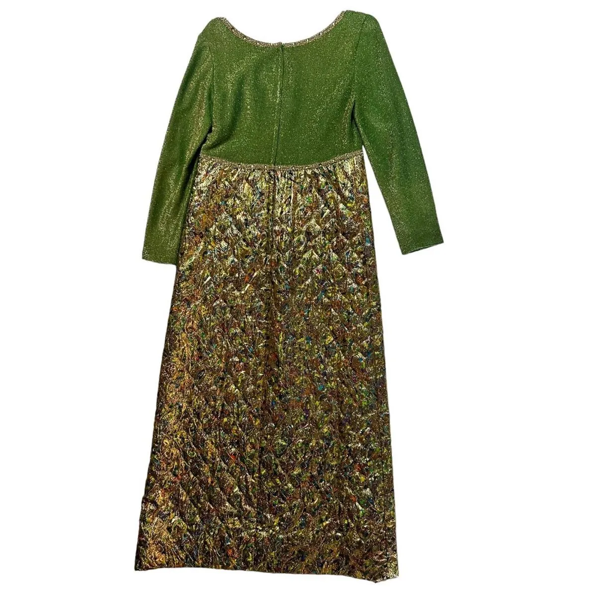 Vintage Alfred Werber Green & Gold toned Metallic Long Sleeve Maxi Dress Size 12 - Image 6