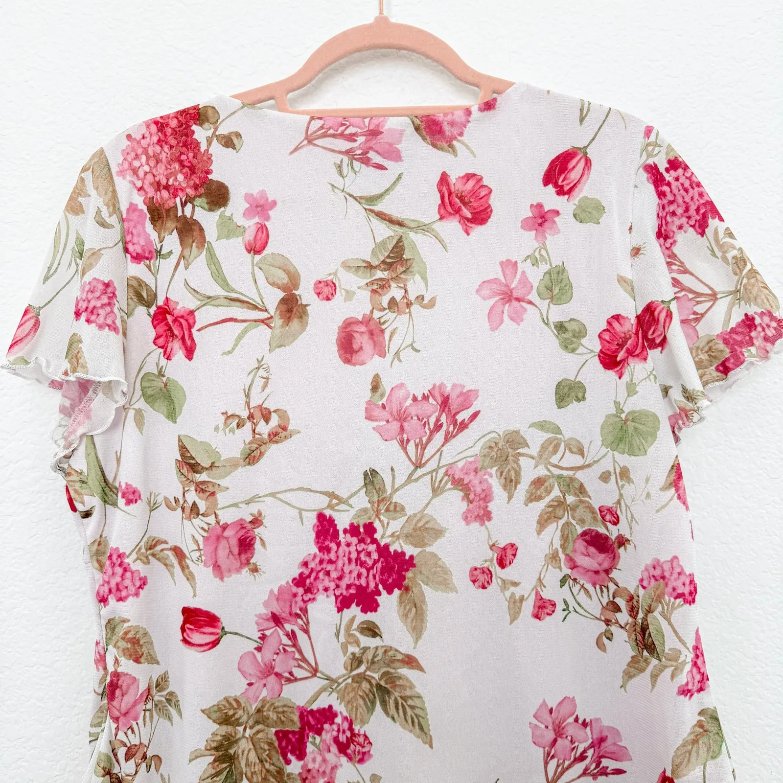 Y2K Womens Babydoll Top Size L Pink Floral Mesh Romantic Coquette Cottage‎ Fairy Size L - Image 7