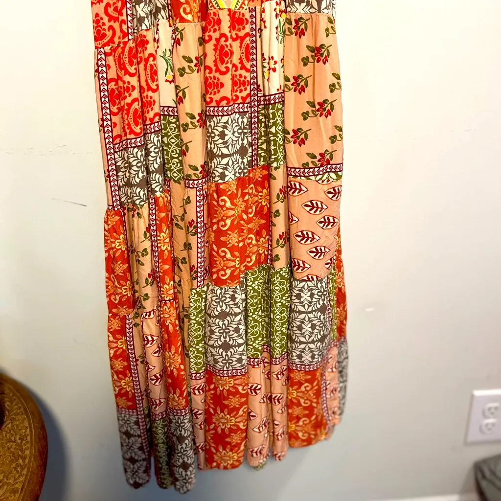 Abel the Label Bohemian Multicolor Patchwork Smocked Maxi Dress with Tie Straps - Image 3