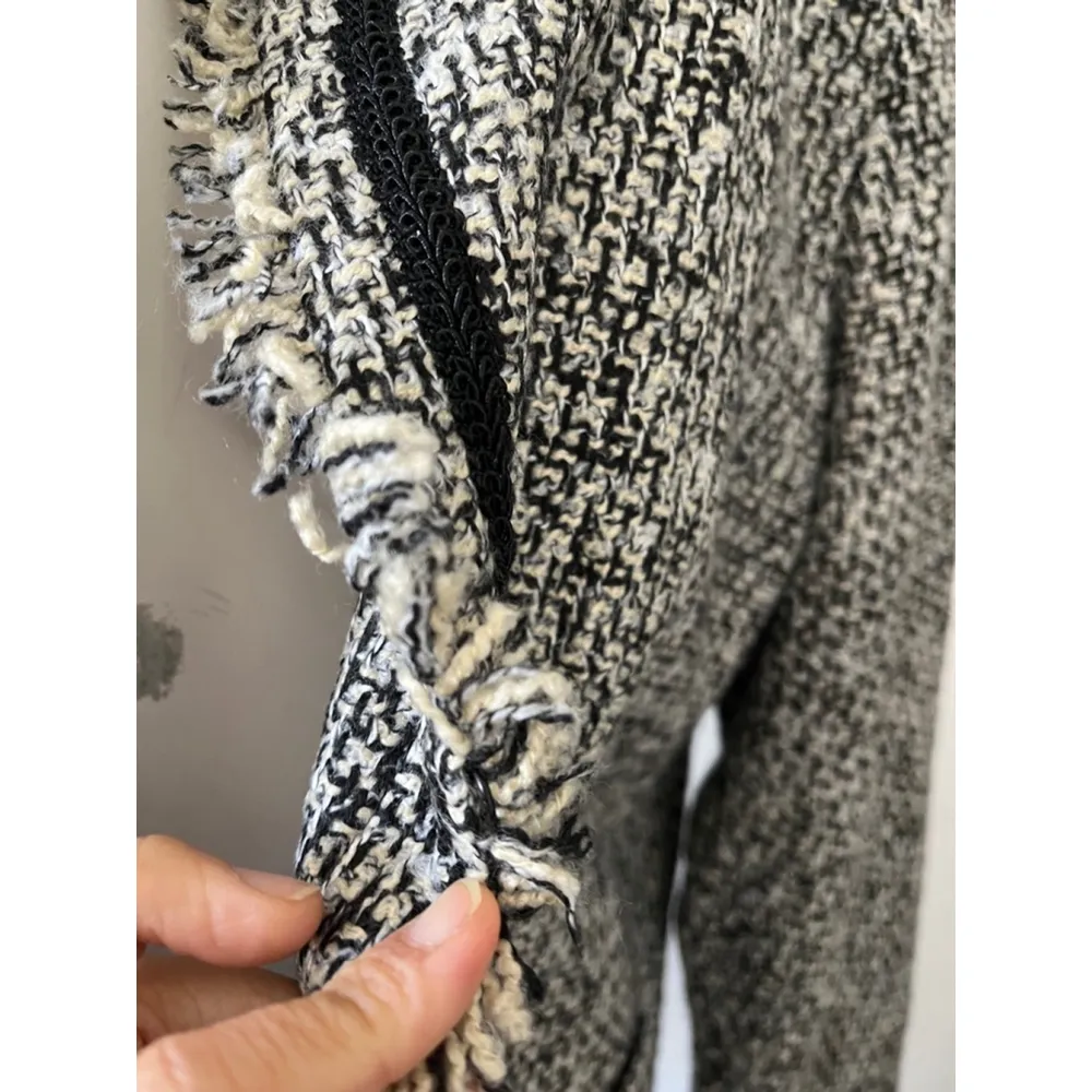Vintage Van Heusen Studio Gray Black Tweed Fringe neckline Blazer Jacket Size L - Image 6