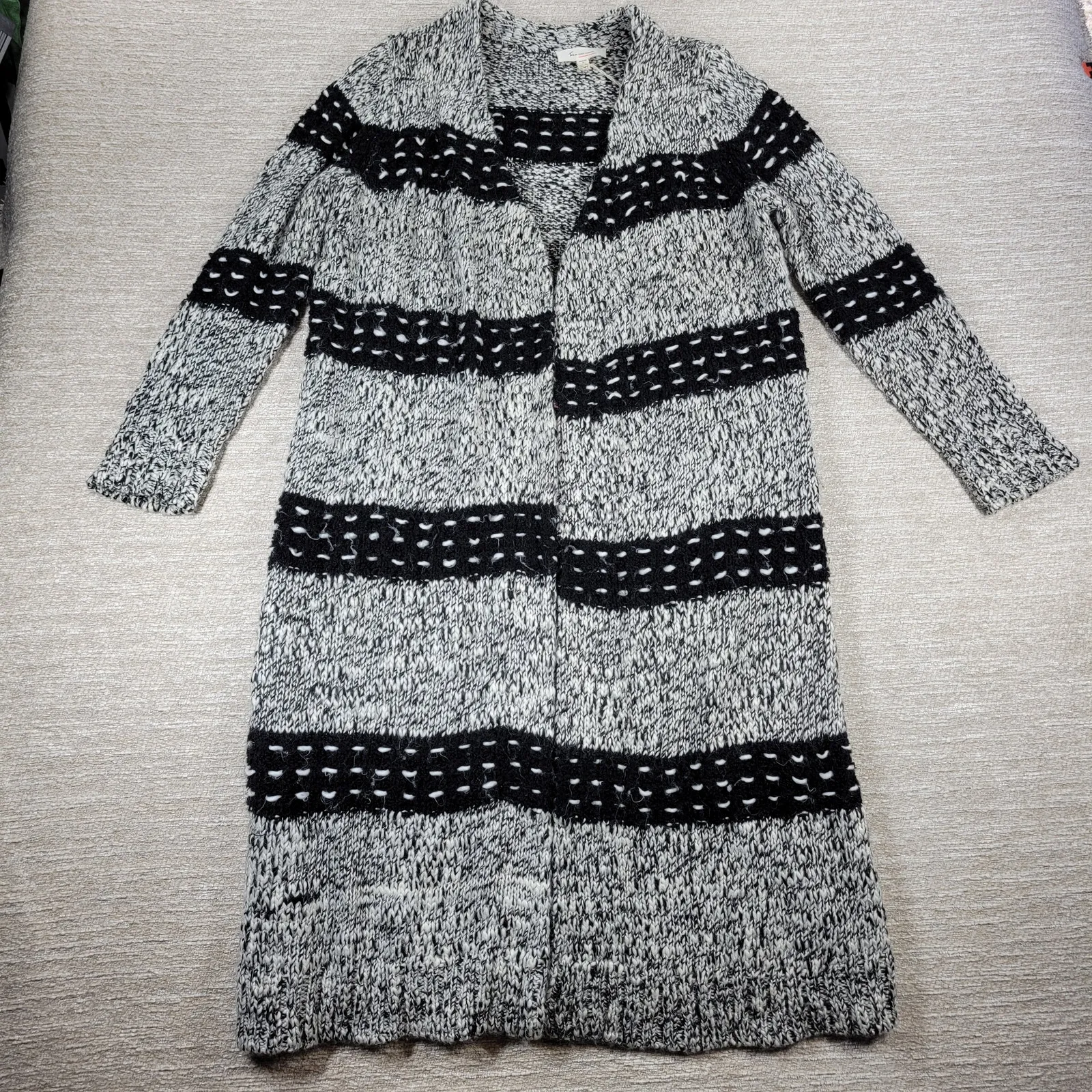 Two by Vince Camuto Chunky Knit Long Cardigan Sweater Black White Wool Blend L - Image 5