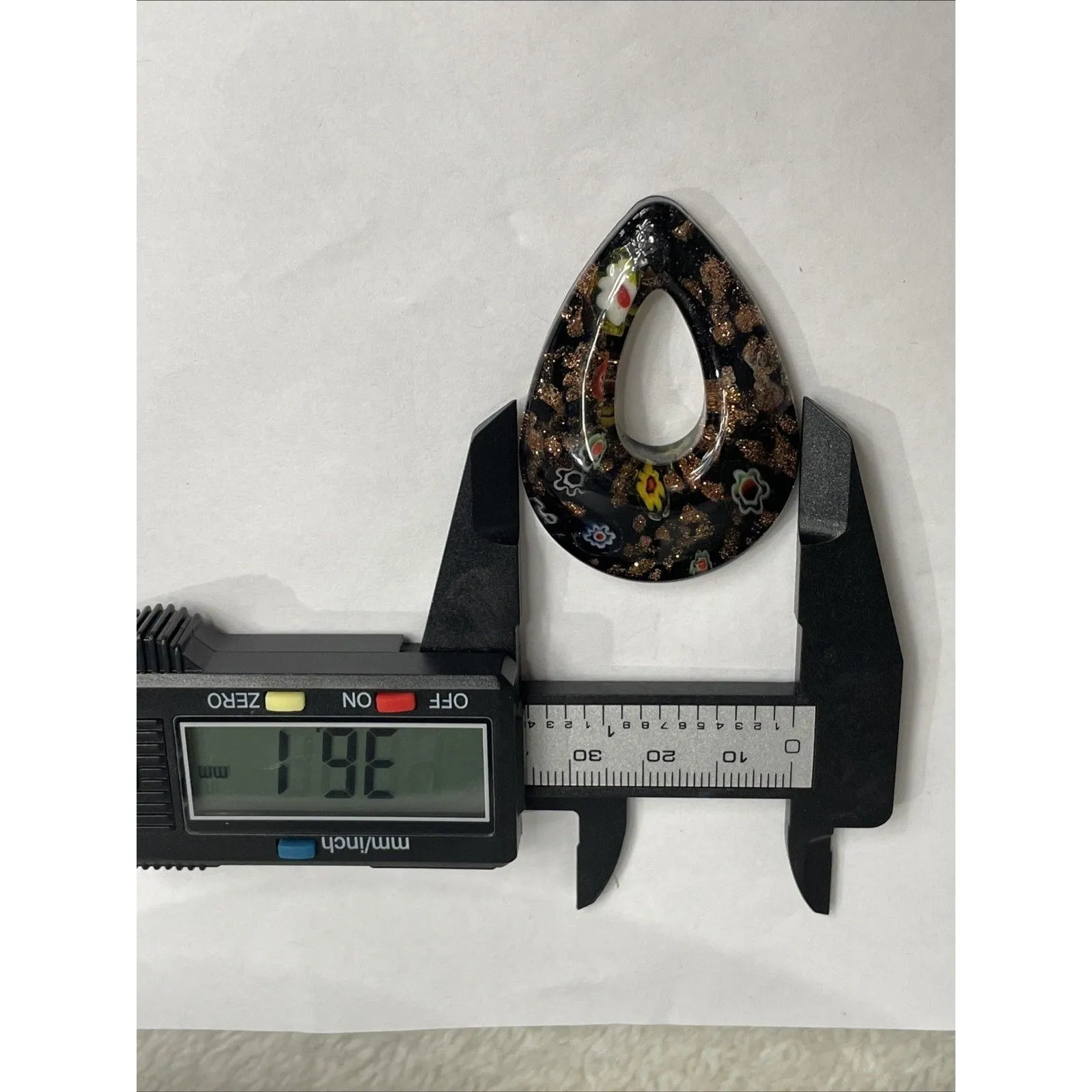 Black with Gold 48x36mm Open Teardrop Donut Millefiori Glass Pendant - Image 6