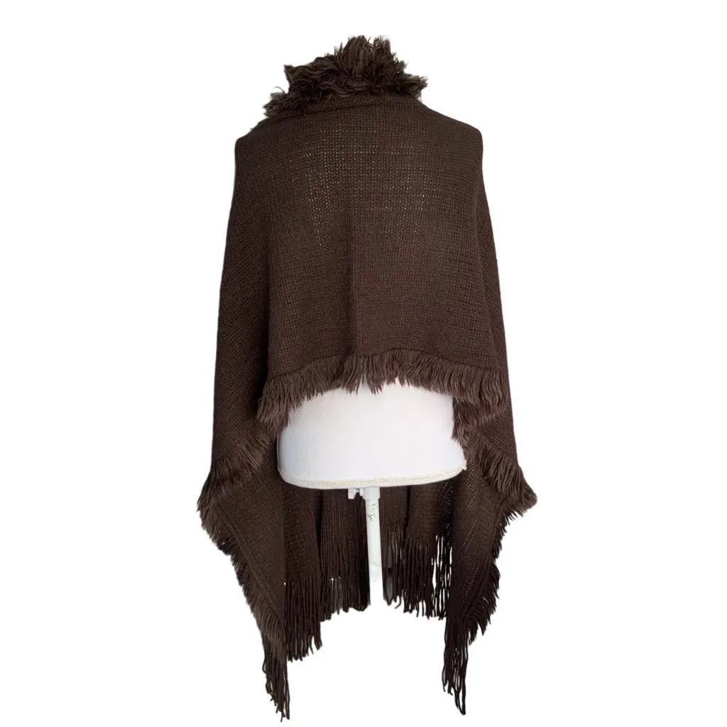 Noelle Shawl Wrap Cardigan Stole Women's One Size OS Brown Knit Faux Fur Sweater - Image 3