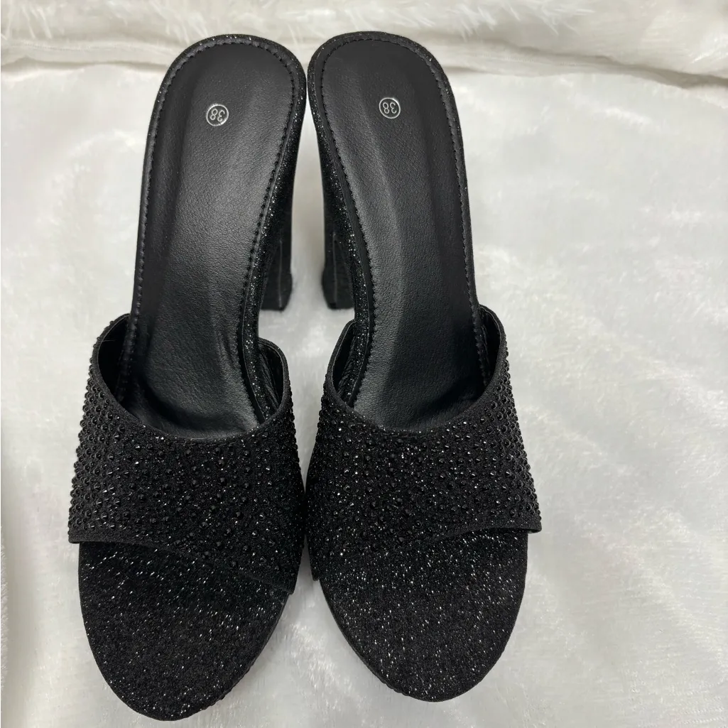 Black Sparkle Rhinestone Mule Chunky Heel Size 7 - Image 4