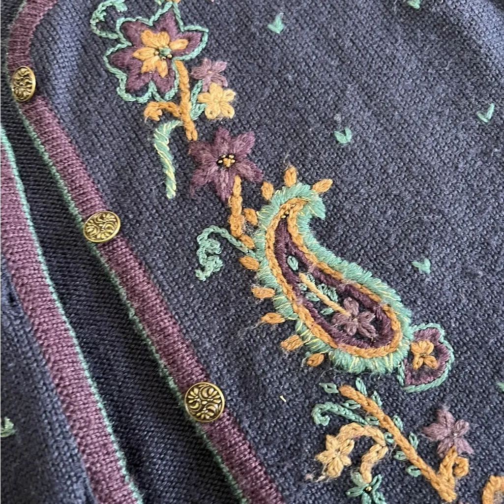 Embroidered Navy Cardigan 1990’s grannycore Blue Size M - Image 3