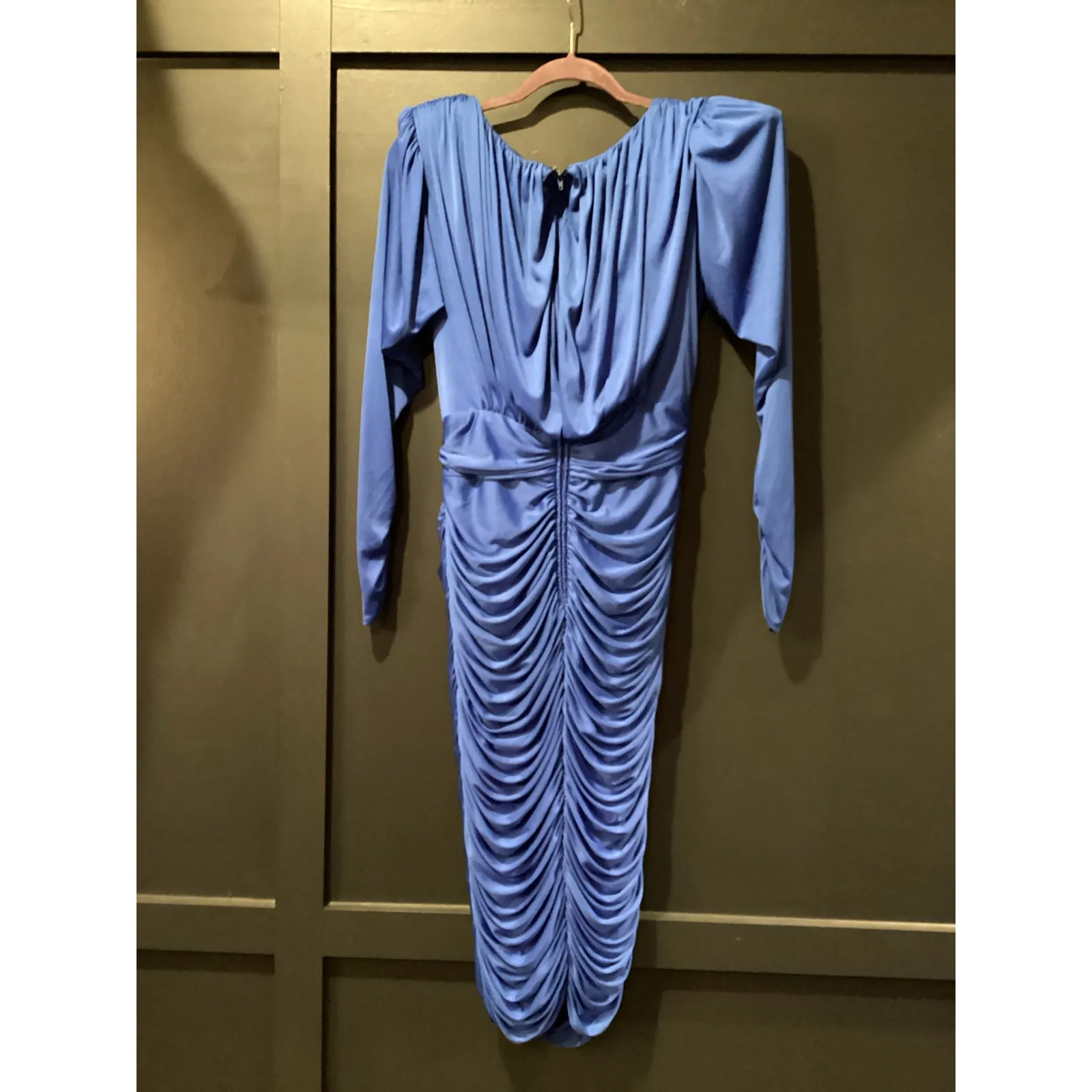 Vintage Tadashi draped long sleeve ruched midi dress with brooch 12 royal blue - Image 2