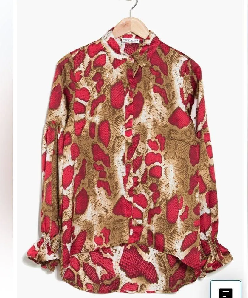 PATRIZIA LUCA Snake Print Long Sleeve Blouse In Red Sz XS - Image 3