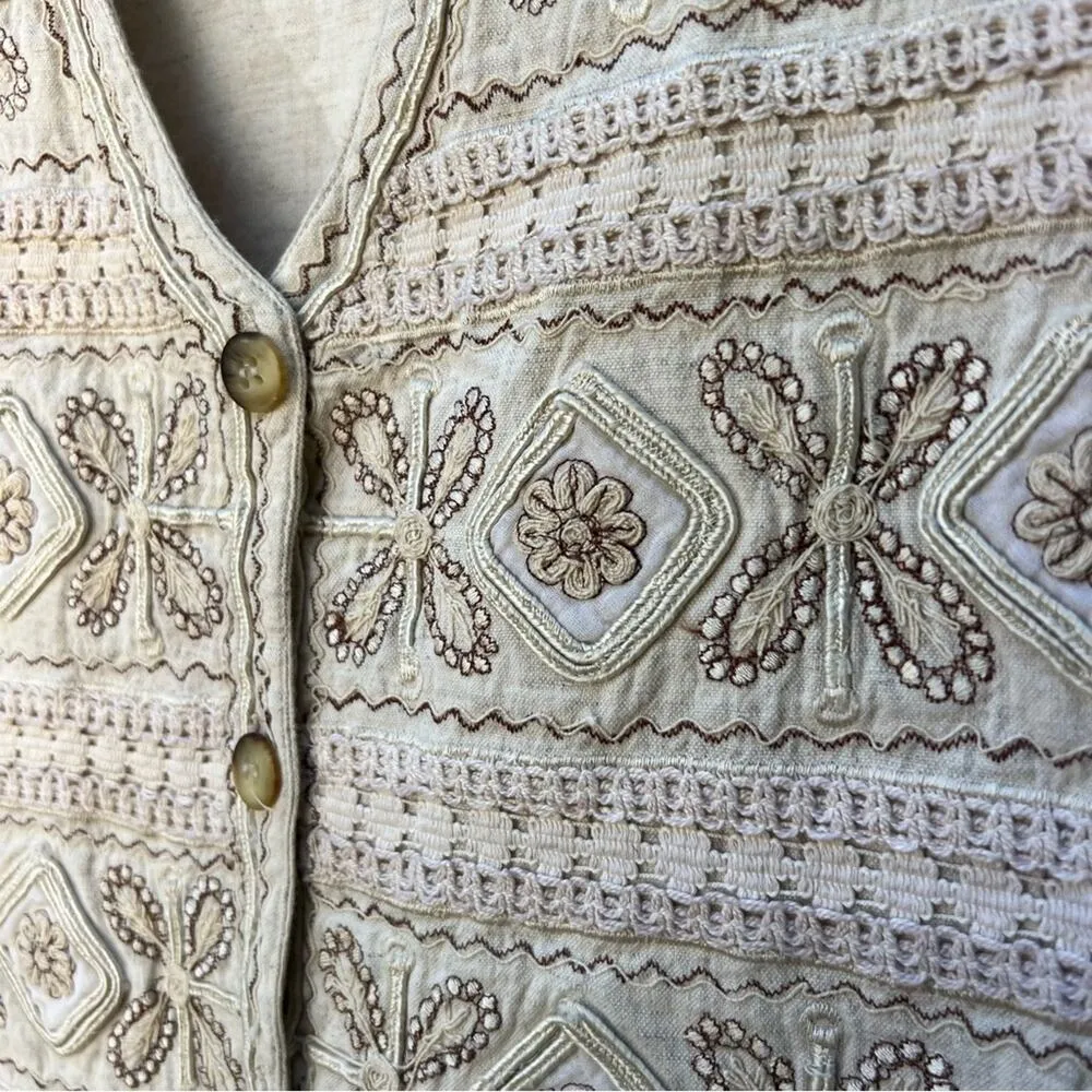 Vintage Cottagecore Pastel Embroidered Linen Cotton Blend Vest Granola Gorp MED Tan - Image 3