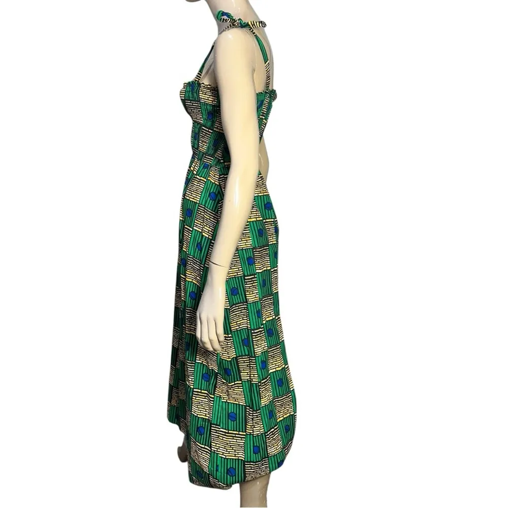 Royal Native Women’s Size S Green Bricks Cotton African Tie Shoulder Dress - Image 4