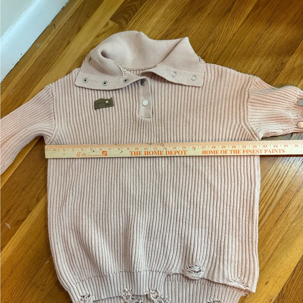 Tuan Chuang Distressed Knit Sweater Women’s Ribbed Snap Collar Oversized Medium Pink - Image 10