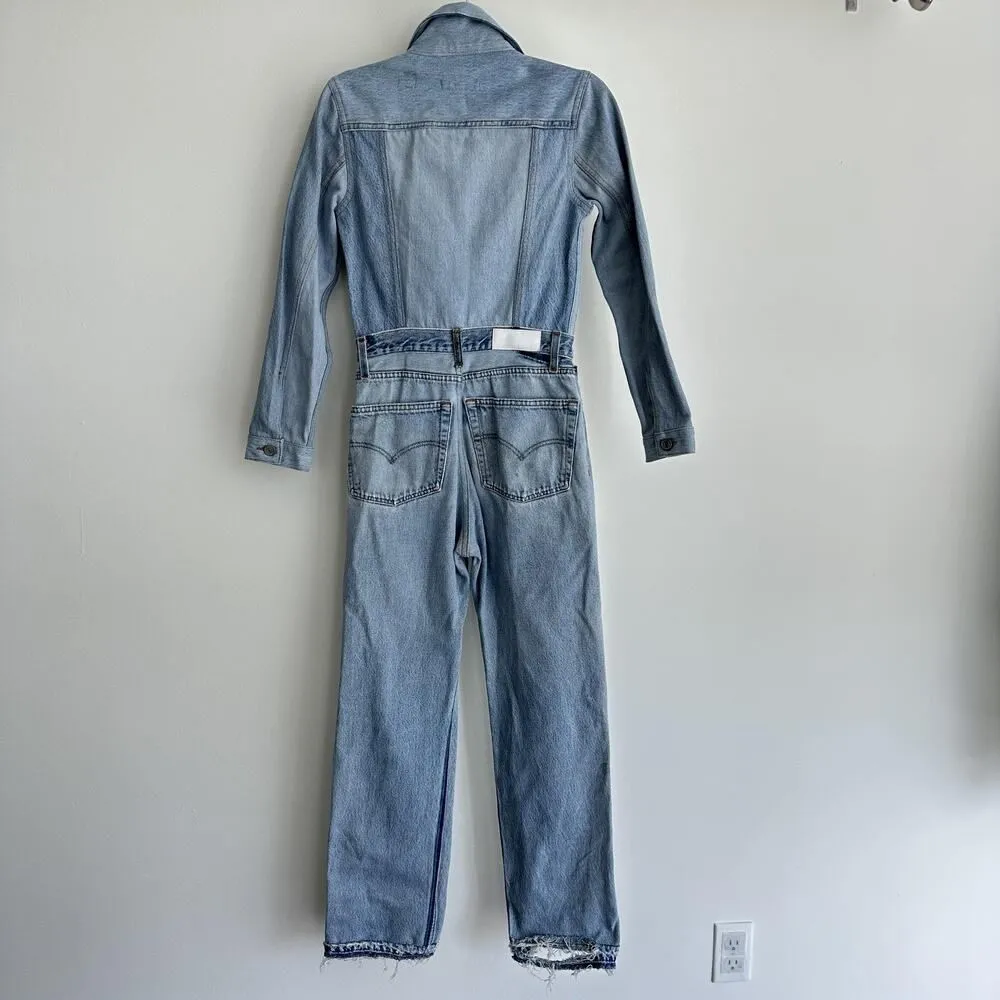 RE/DONE X Levis Jumpsuit Womens XS Denim Flared Distressed Indigo Reconstructed - Image 9