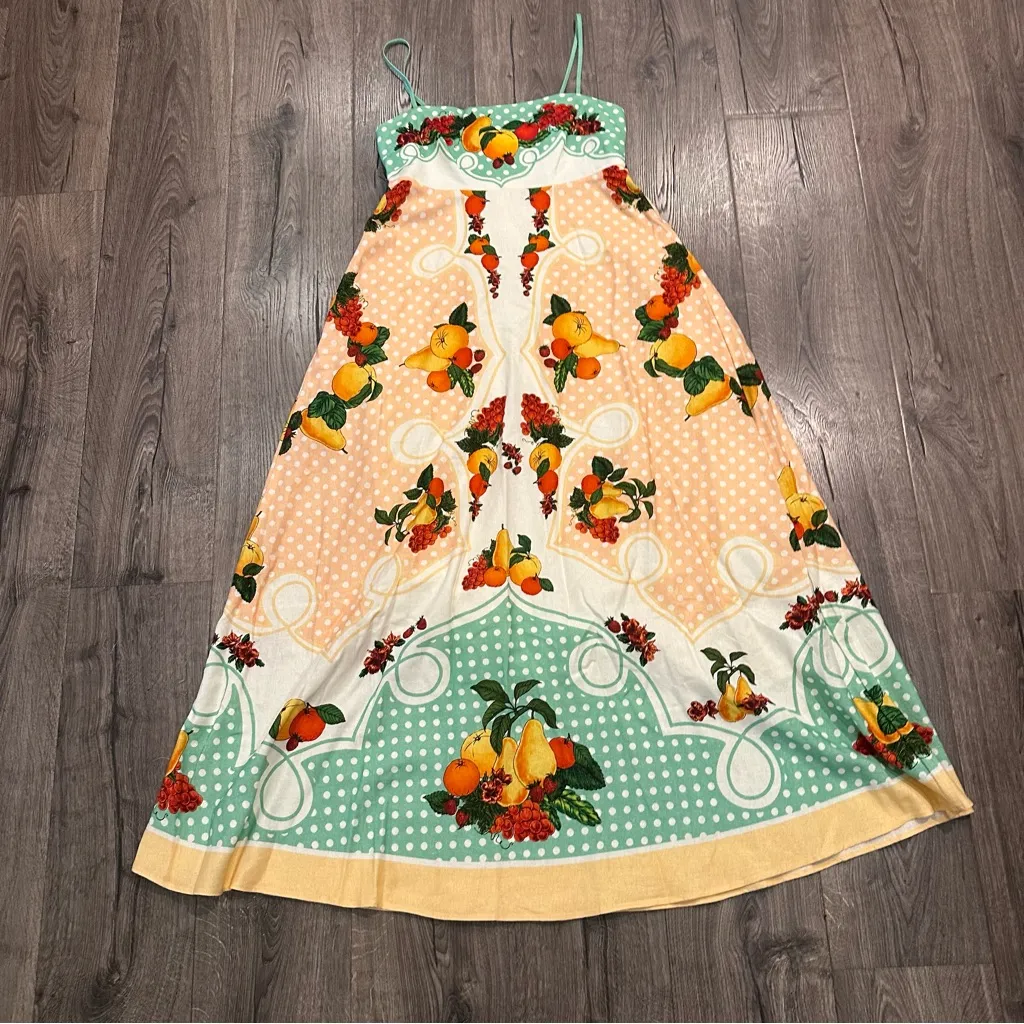 New Caroline Constas Linen Strappy Fruits Dots Print Maxi Long Dress Picnic S Green - Image 7