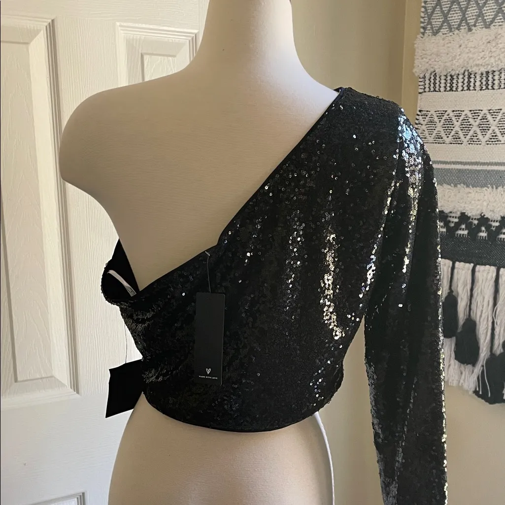 Lulu's Black Sequin One-Shoulder Blouse - Image 2