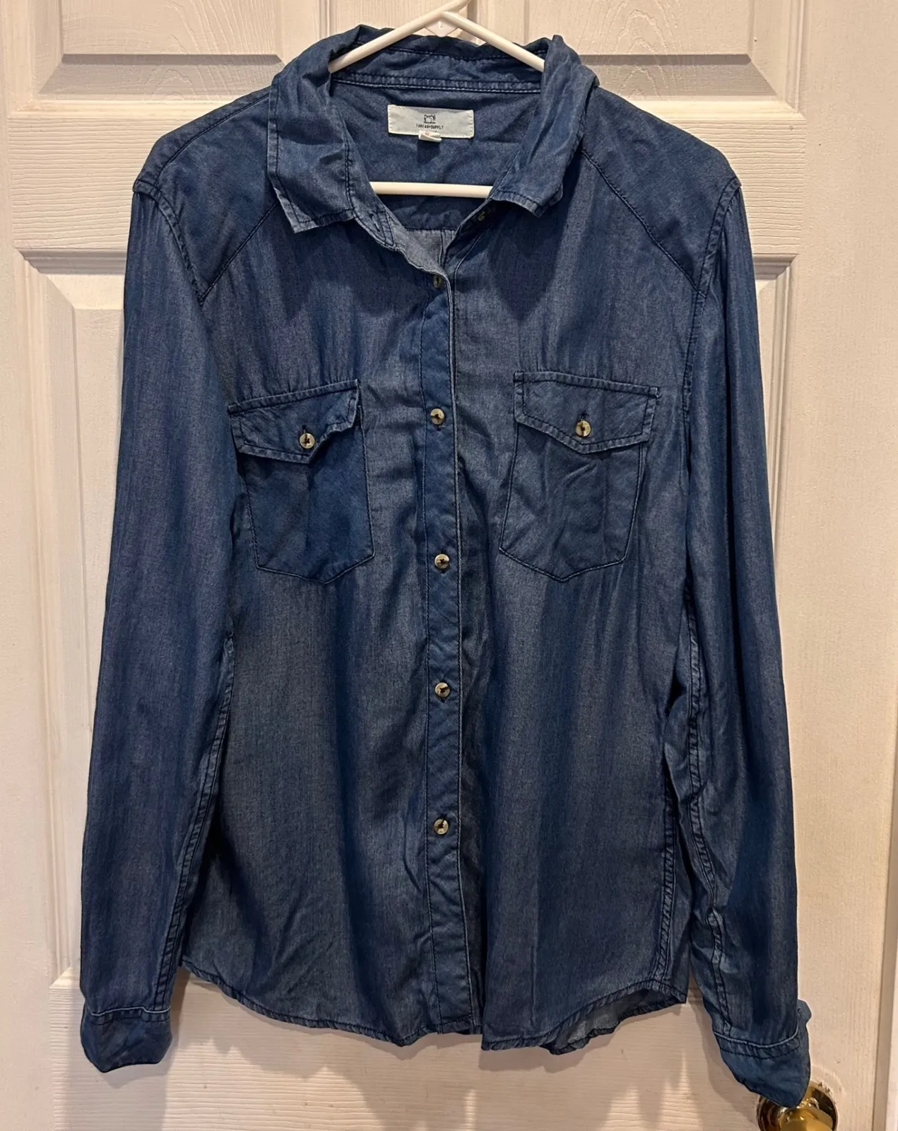 Thread Supply Dark Wash Denim Lyocell Long Sleeve Button Up Shirt Women's Large Blue - Image 1