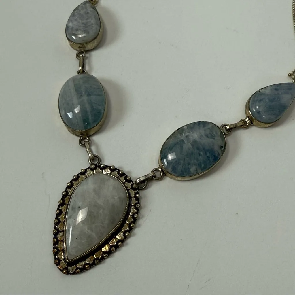 925 Rainbow Moonstone 5 Stone Bohemian Silver Plated Necklace Blue - Image 9