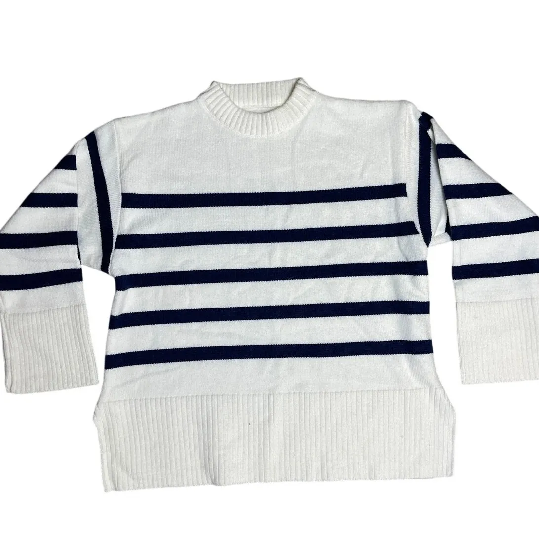 Nautical Striped Crewneck Boxed Cozy Stretchy Banded Sweater Size Medium Blue - Image 3