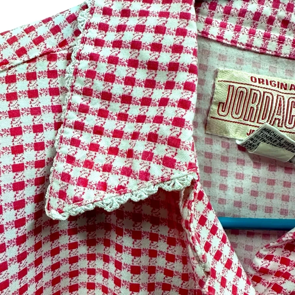 Vintage 80s Jordache Rayon Button Up Tie Front Plaid Short Sleeve Crop Blouse M - Image 10