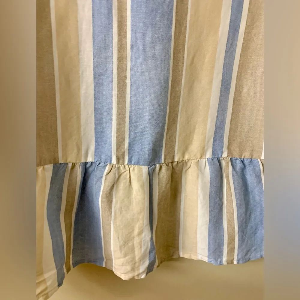 ZARA  Striped Blue Cream White Linen Blend Open Front Blazer Jacket Top - Image 7