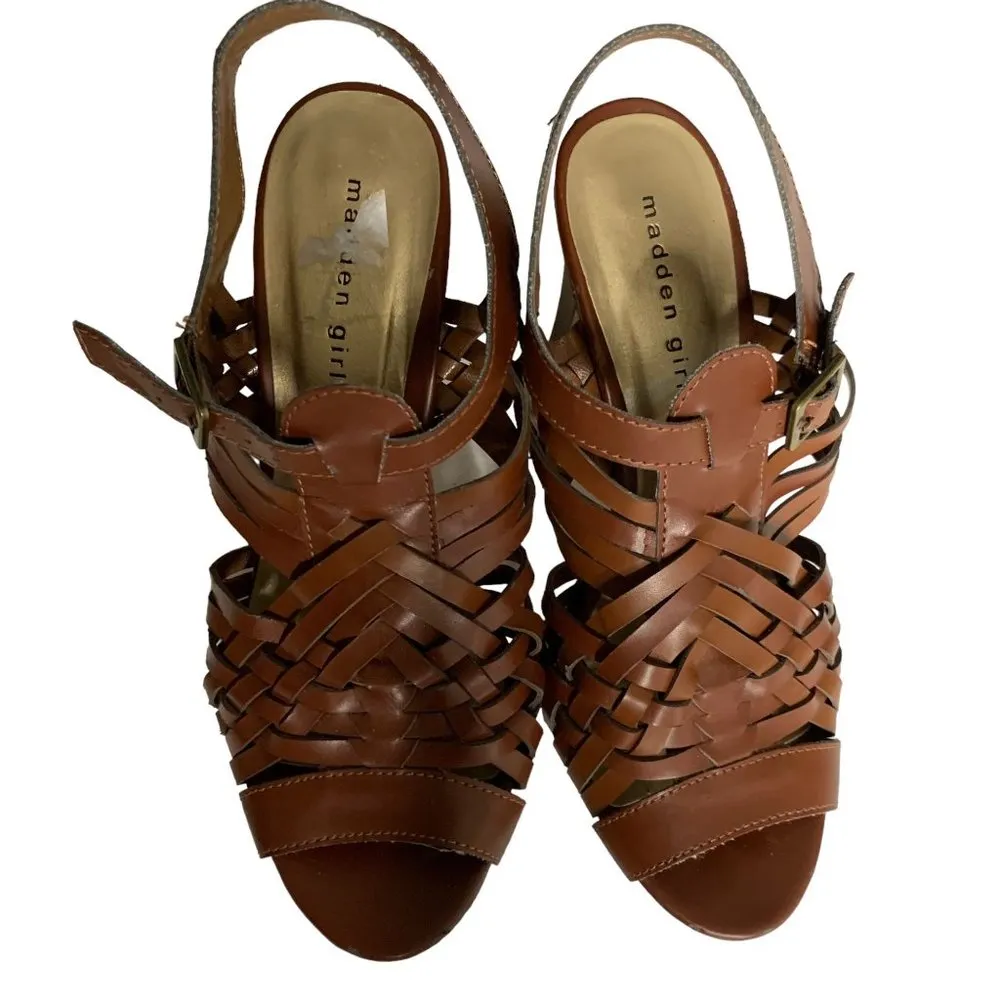 Madden Girl Warrior Strappy Heels Peep Toe Buckle 8.5 Brown Caged Sandals - Image 2