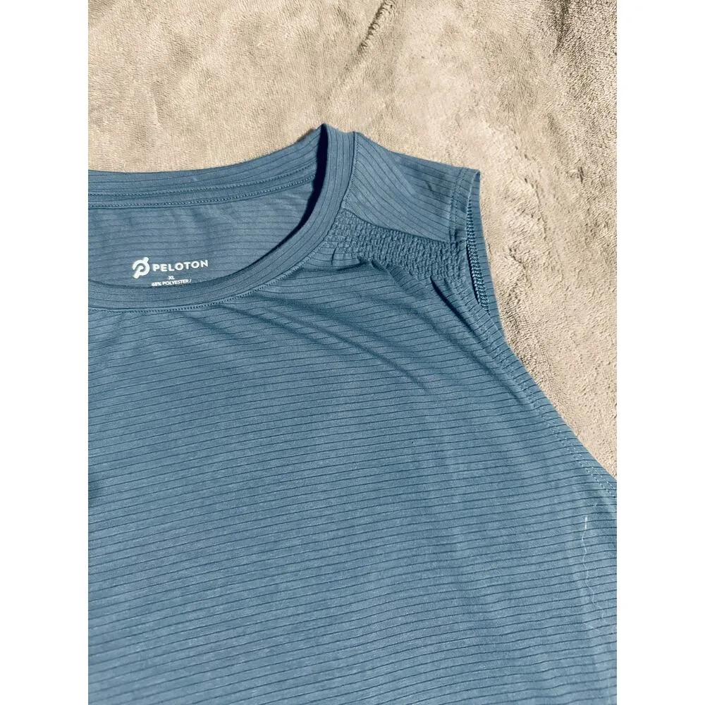 Peloton Size XL Women Athletic‎ Tank Top Thin Striped Blue Sleeveless Smocked - Image 4
