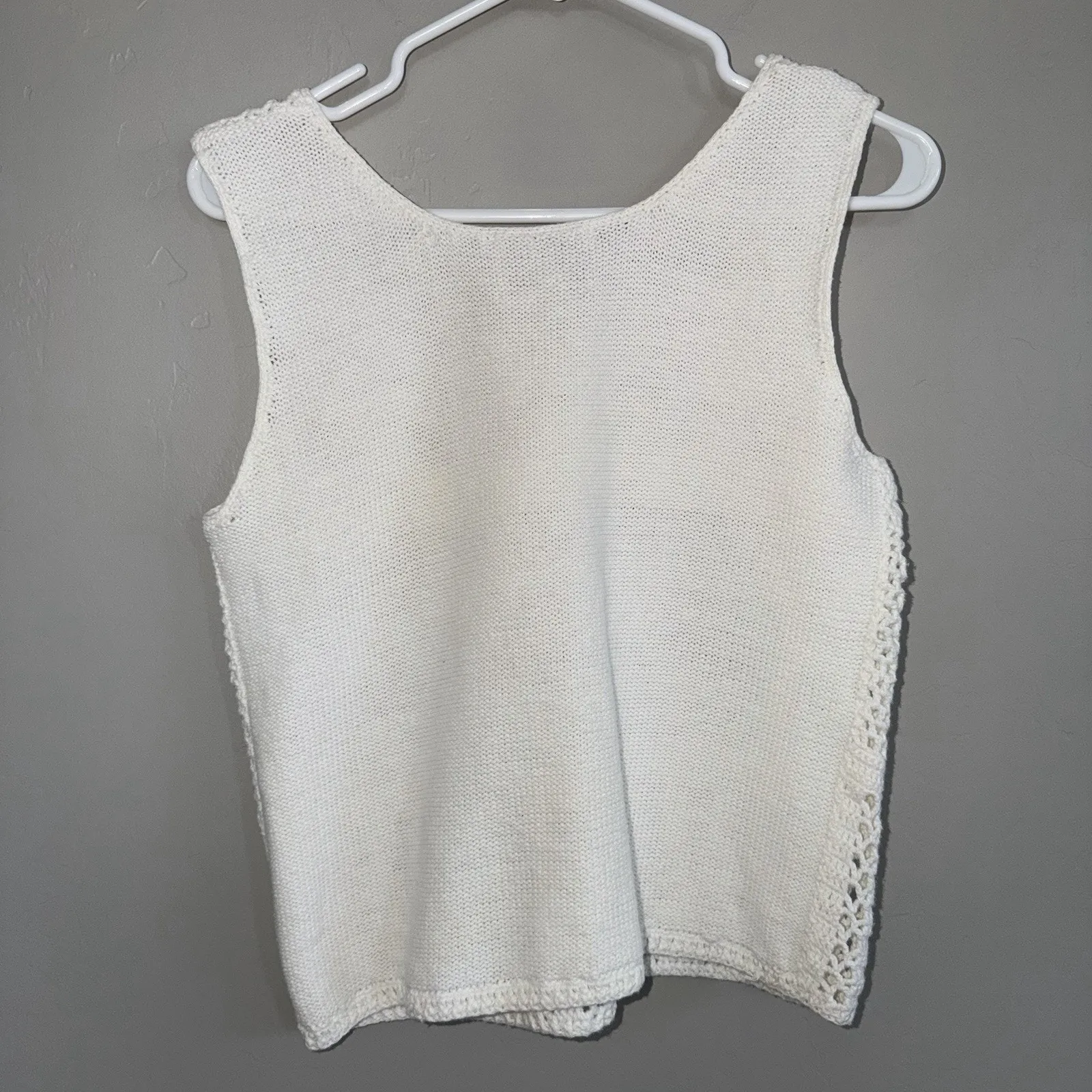 Express Tricot Vintage 90s White Crochet Sweater Womans M Vest Boho Ramie Cotton - Image 9