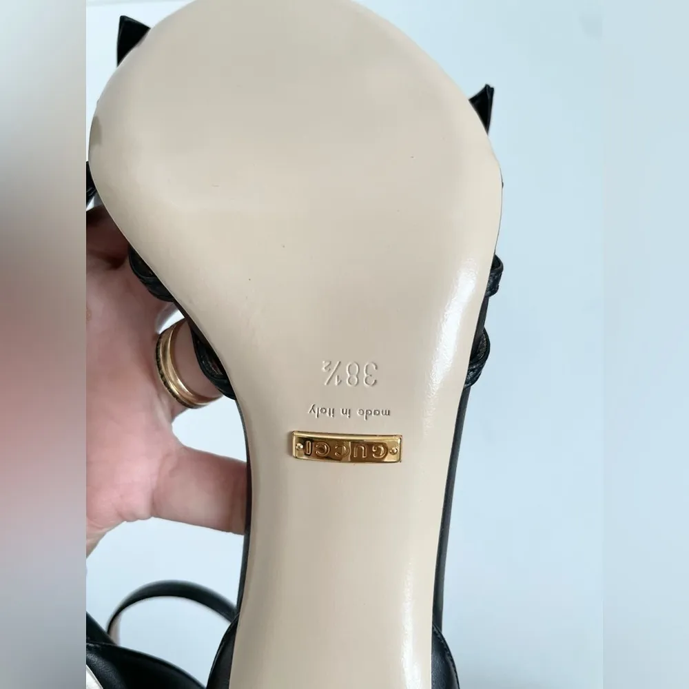 Gucci Black Nappa Leather Charlotte Queen Margaret bee embellished heels EU 38.5 - Image 9